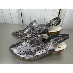 Rieker Leather Sandaly Comfort Heels Metallic Silver Size EU 41 US 10